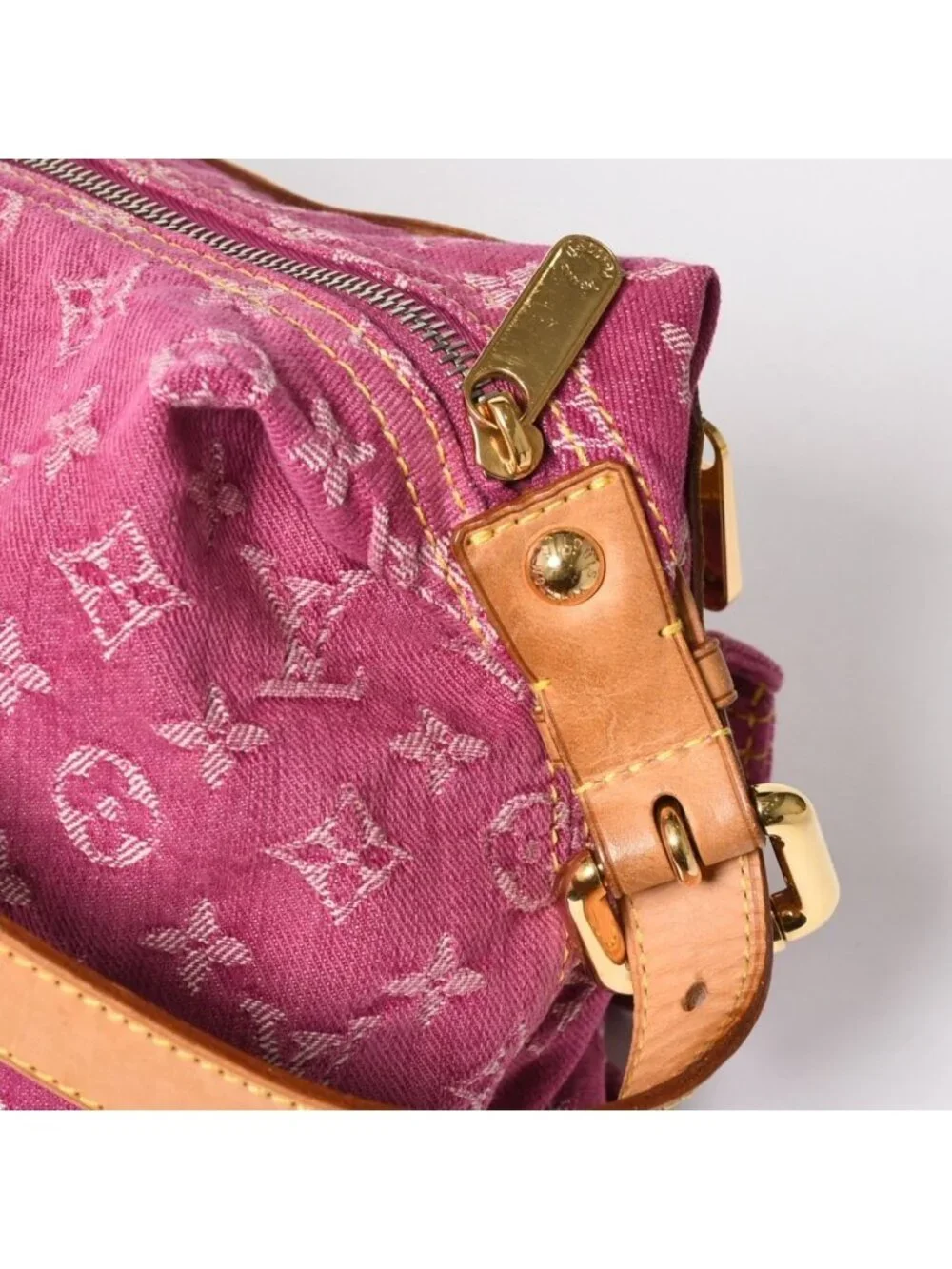 Louis Vuitton Baggy PM Shoulder Bag Monogram Denim Leather Pink Gold